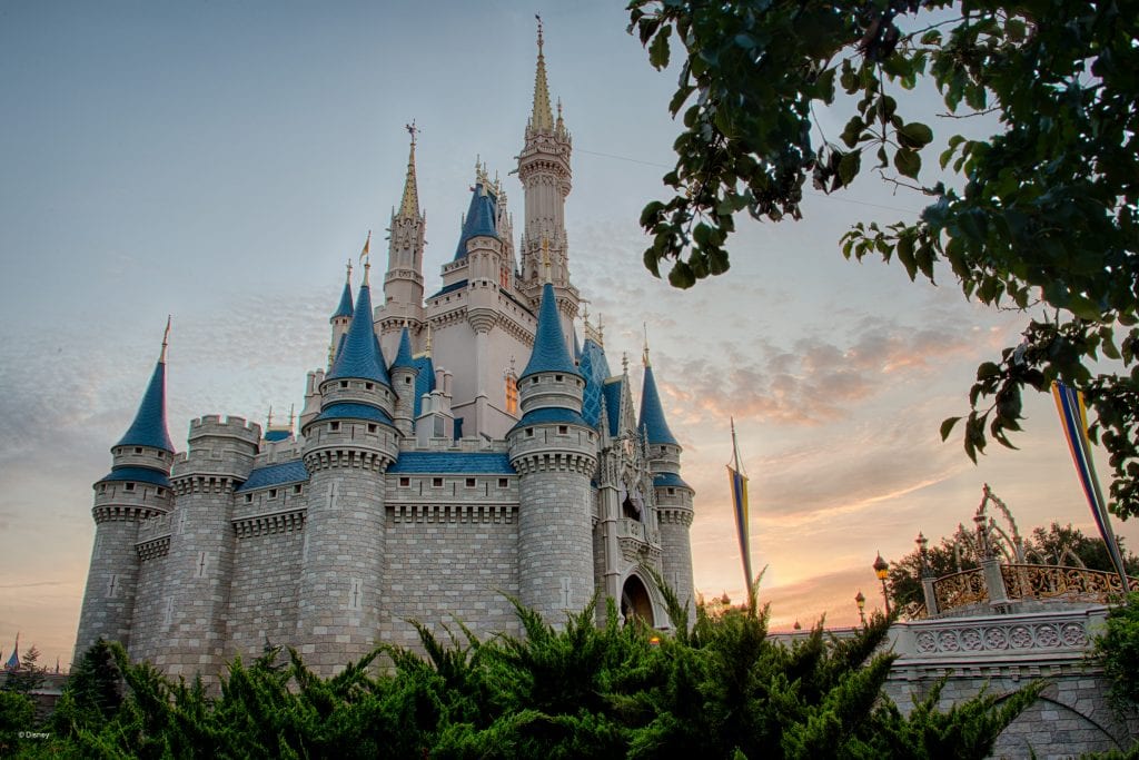 Distant shot of Cinderella's Castle at Magic Kingdom at sunset | Global Munchkins