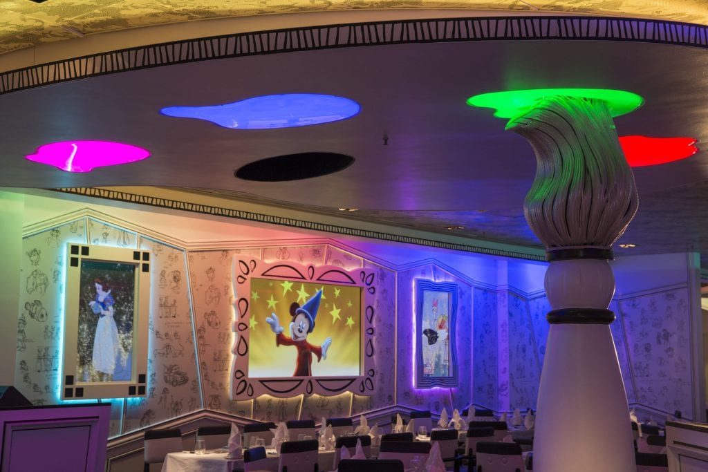 One of the most popular restaurants on the Disney ships, Animator's Palate on the Disney Magic is updated with all-new, animation-adorned walls and larger high-definition flat-screens to provide the best views of the animation magic that takes place all around. At Animator’s Palate, the room comes to life as guests are immersed in the wonder of Disney animation during magical interactive dinner shows. (Jimmy DeFlippo, photographer)