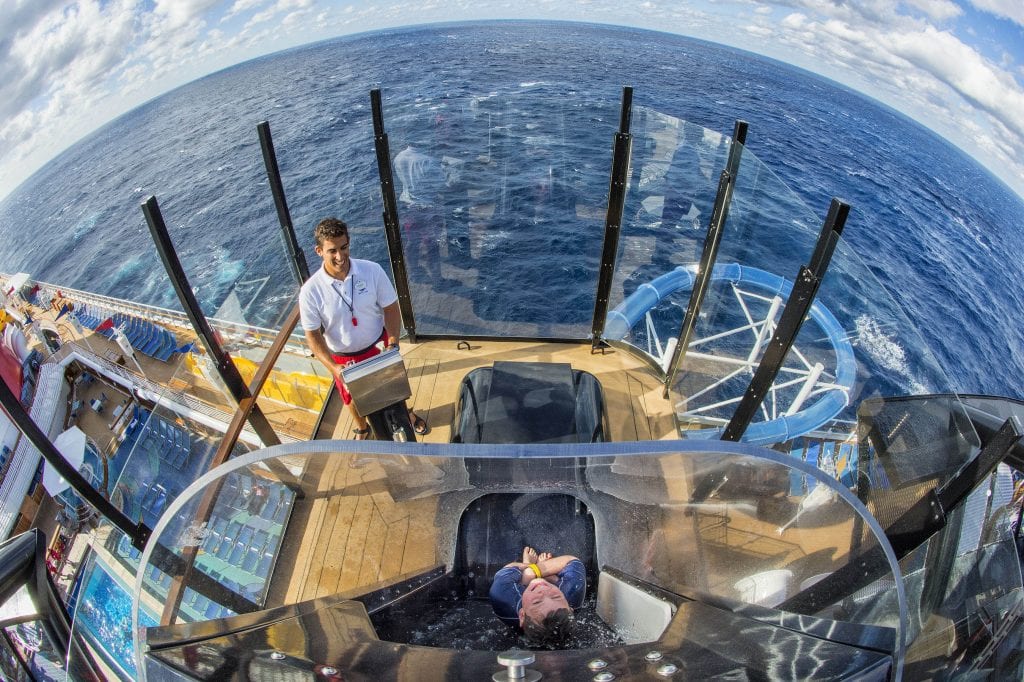 AquaDunk on the Disney Magic is a thrilling new three-story body slide that begins with a surprise launch when the floor beneath guests’ feet opens like a trap door. The drop sends them on an exhilarating, swift and splashy ride in a tube that extends 20 feet over the side of the ship. (Matt Stroshane, photographer)