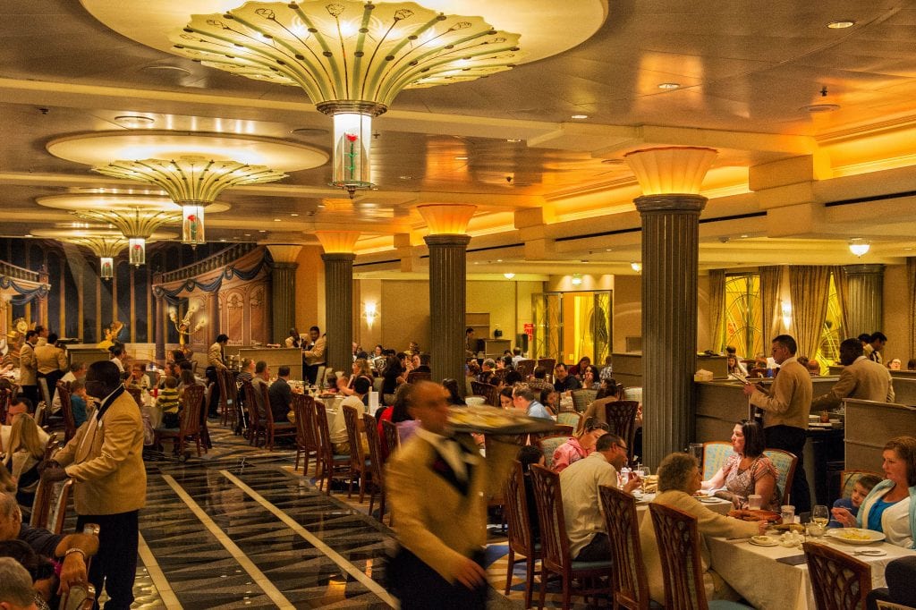 Lumiere’s on the Disney Magic resembles a grand dining room aboard a classic transatlantic ocean liner. The design features rose-petal chandeliers and theming from Disney’s “Beauty and the Beast,” adding a little French flair and providing a magical night of dining and romance. (Matt Stroshane, photographer)