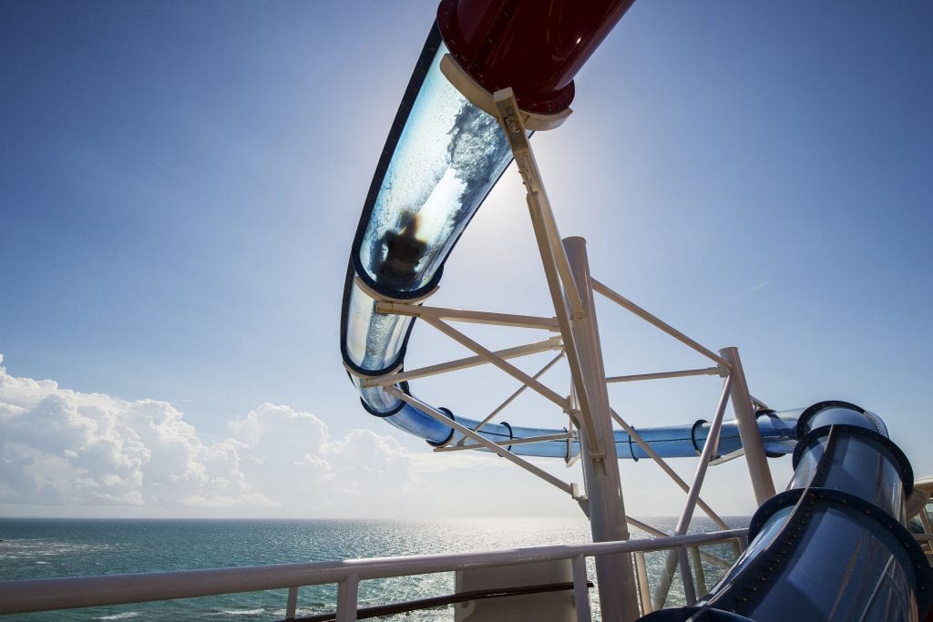 AquaDunk on the Disney Magic is a thrilling new three-story body slide that begins with a surprise launch when the floor beneath guests’ feet opens like a trap door. The drop sends them on an exhilarating, swift and splashy ride in a tube that extends 20 feet over the side of the ship. (Matt Stroshane, photographer)