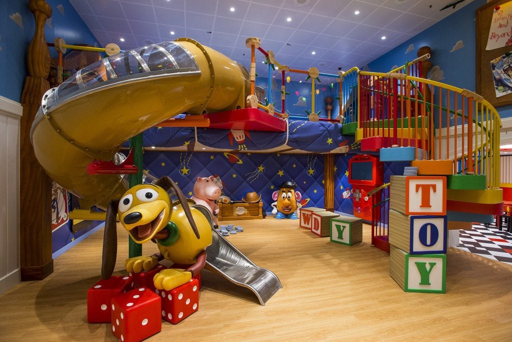 Andy's Room, a new multi-level youth space in Disney's Oceaneer Club on the Disney Magic, brings the stars of the Disney-Pixar "Toy Story" film trilogy to life. Stocked with all of Andy's favorite toys, the room features a giant, working Mr. Potato Head, larger-than-life version of the lovable "Toy Story" piggy bank, Hamm, and Slinky Dog slide, the most fun way to descend to the toy room floor. (Matt Stroshane, photographer)