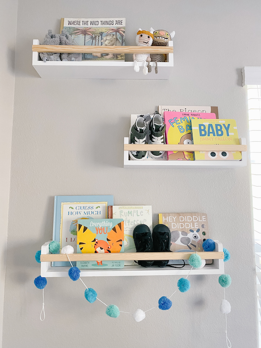 modern baby boy nursery bookshelves