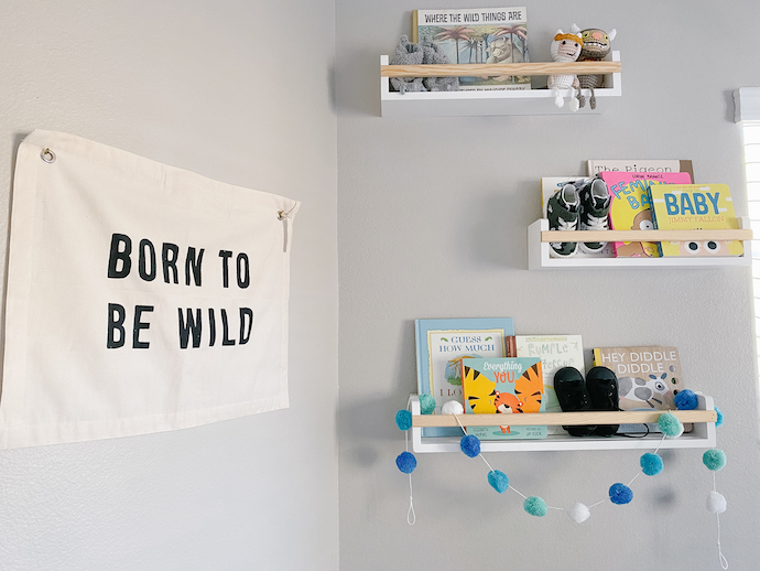 modern baby boy nursery bookshelves